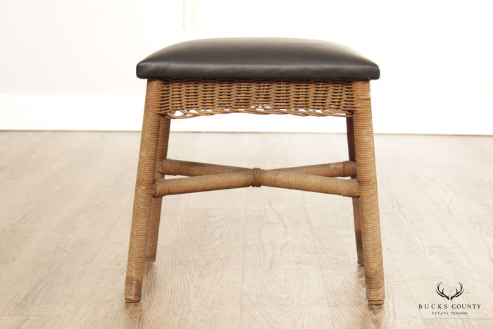 Antique Victorian Wicker and Leather Footstool or Bench