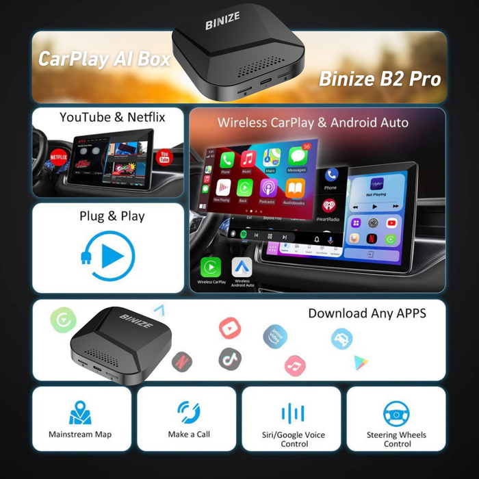 BINIZE B2 Pro Android 13 CarPlay AI BOX for OEM Car with Wired CarPlay/Android Auto
