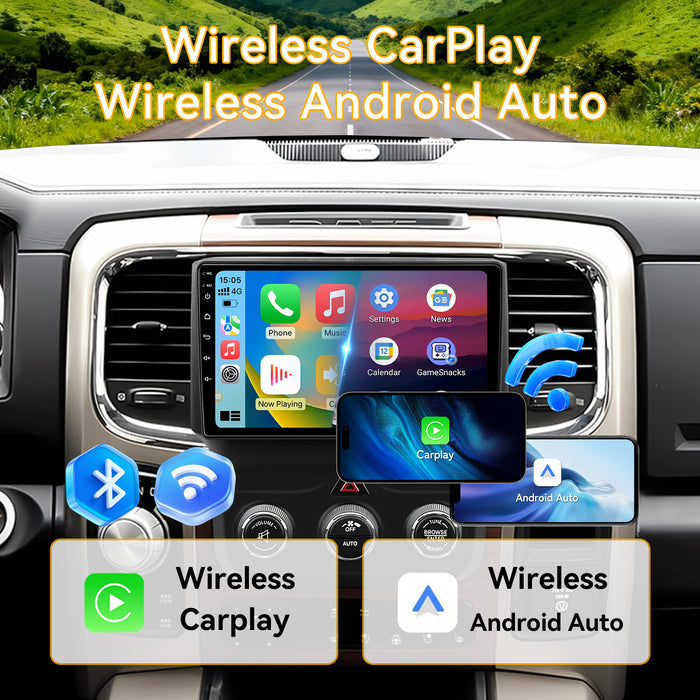 Car Radio Stereo for Dodge Ram 1500/2500/3500 2013-2018 Upgrade with Wireless Carplay&Android Auto, GPS/SWC/AHD Backup Camera/ FM WiFi Bluetooth, for Manual & Auto AC