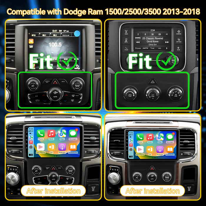 Car Radio Stereo for Dodge Ram 1500/2500/3500 2013-2018 Upgrade with Wireless Carplay&Android Auto, GPS/SWC/AHD Backup Camera/ FM WiFi Bluetooth, for Manual & Auto AC
