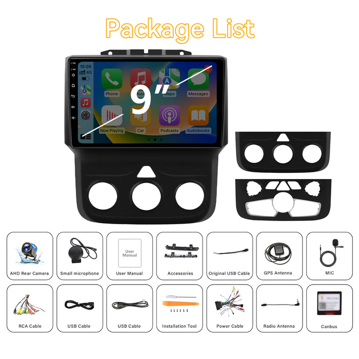 Car Radio Stereo for Dodge Ram 1500/2500/3500 2013-2018 Upgrade with Wireless Carplay&Android Auto, GPS/SWC/AHD Backup Camera/ FM WiFi Bluetooth, for Manual & Auto AC