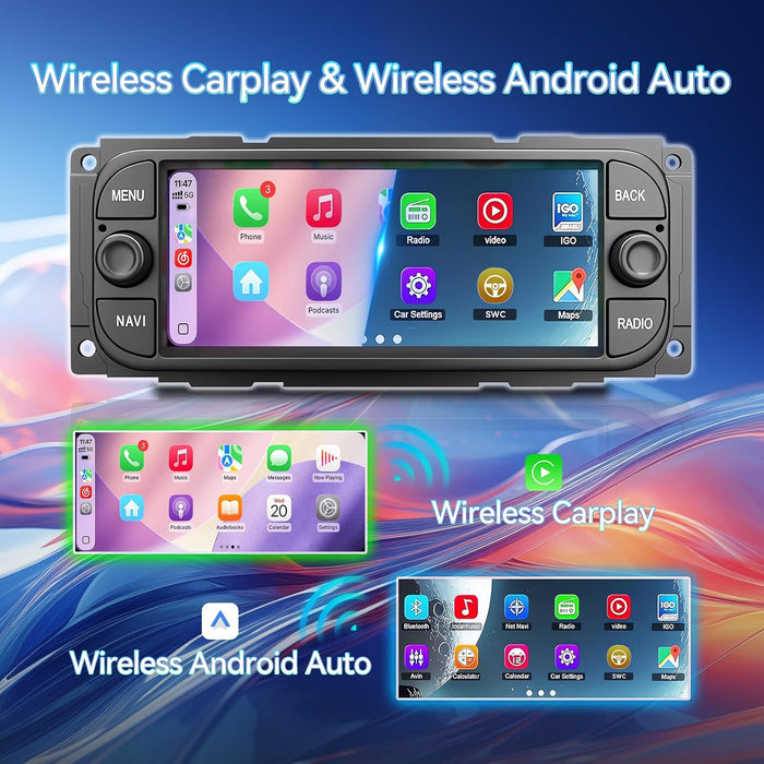 Car Radio Stereo for Dodge RAM 2002-2006/Jeep Wrangler 2003-2006/Caravan 2004-2007- Wireless CarPlay/Android Auto, GPS, Backup Camera, WiFi/Bluetooth