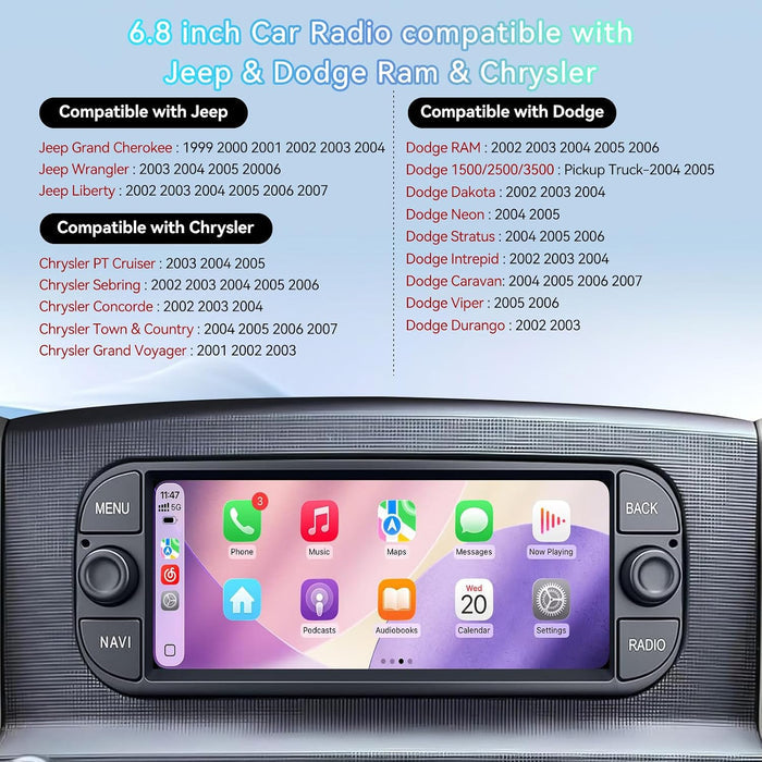Car Radio Stereo for Dodge RAM 2002-2006/Jeep Wrangler 2003-2006/Caravan 2004-2007- Wireless CarPlay/Android Auto, GPS, Backup Camera, WiFi/Bluetooth