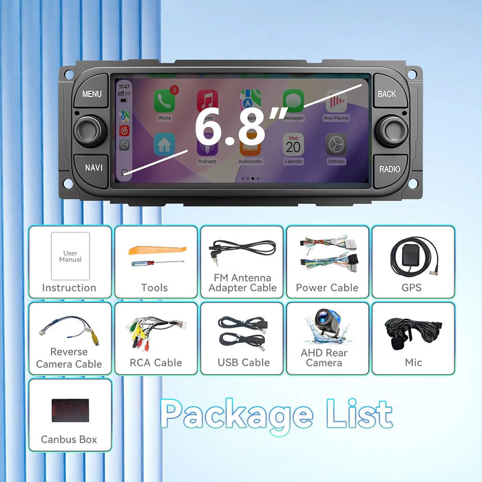 Car Radio Stereo for Dodge RAM 2002-2006/Jeep Wrangler 2003-2006/Caravan 2004-2007- Wireless CarPlay/Android Auto, GPS, Backup Camera, WiFi/Bluetooth