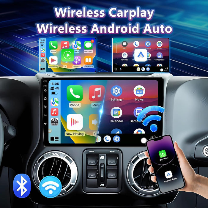 Car Radio Stereo for Jeep Wrangler (2007-2018), Dodge Ram(2009-2012), JK, Compass. Wireless CarPlay & Android Auto, Touchscreen, WiFi/BT/GPS/FM/Backup Camera/SWC