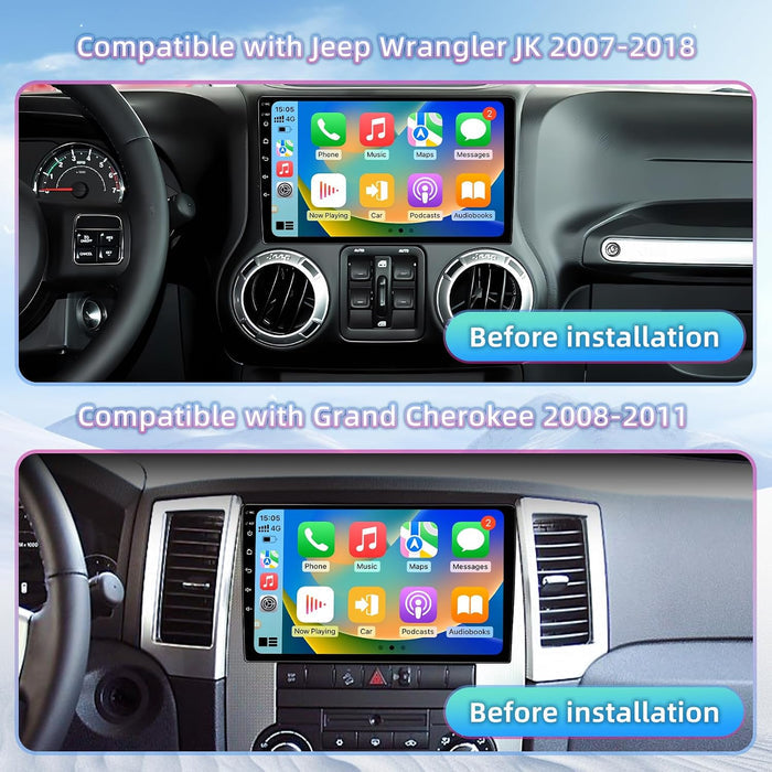 Car Radio Stereo for Jeep Wrangler (2007-2018), Dodge Ram(2009-2012), JK, Compass. Wireless CarPlay & Android Auto, Touchscreen, WiFi/BT/GPS/FM/Backup Camera/SWC