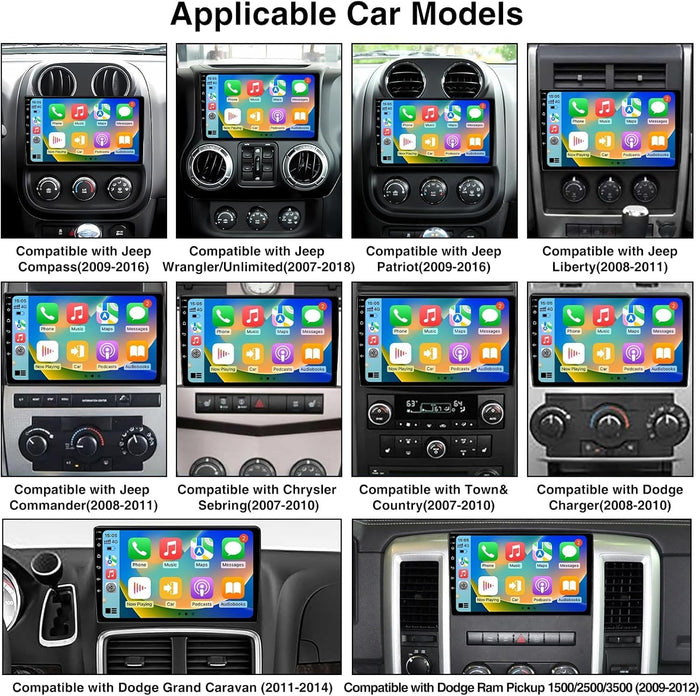 Car Radio Stereo for Jeep Wrangler (2007-2018), Dodge Ram(2009-2012), JK, Compass. Wireless CarPlay & Android Auto, Touchscreen, WiFi/BT/GPS/FM/Backup Camera/SWC