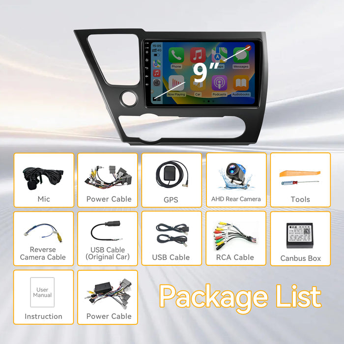 Car Stereo for Honda Civic 2014-2015 Upgrade Wireless CarPlay & Android Auto AHD Backup Camera GPS SWC FM WiFi Bluetooth