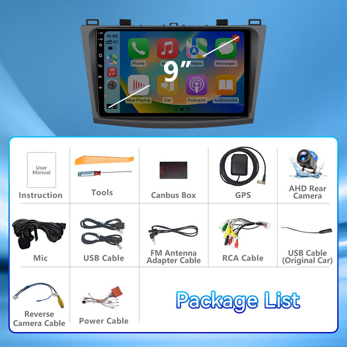 Car Stereo Radio for Mazda 3 2010-2013 with Wireless CarPlay & Android Auto, 9-Inch Touchscreen GPS BT 5GWIFI FM SWC