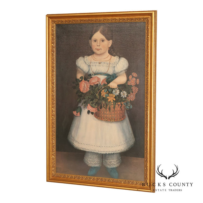 Framed Girl With Basket Of Flowers Print After An American Folk Portrait