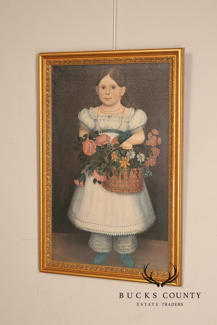 Framed Girl With Basket Of Flowers Print After An American Folk Portrait