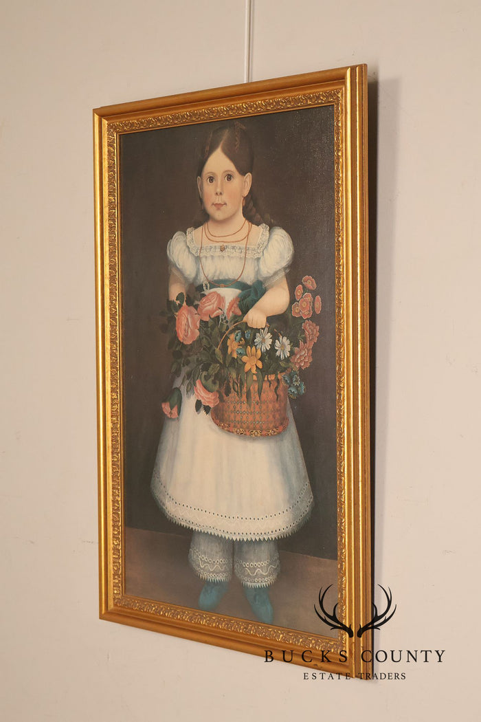 Framed Girl With Basket Of Flowers Print After An American Folk Portrait