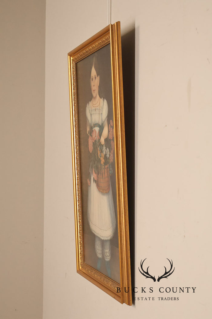 Framed Girl With Basket Of Flowers Print After An American Folk Portrait