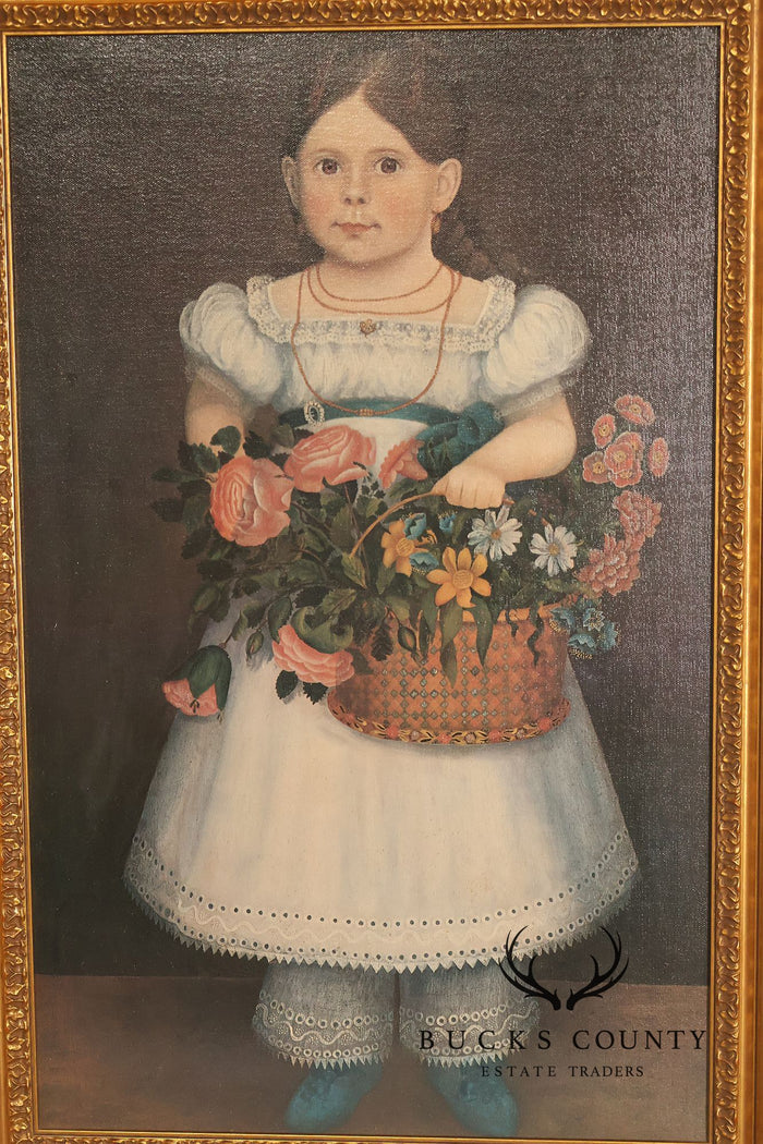 Framed Girl With Basket Of Flowers Print After An American Folk Portrait