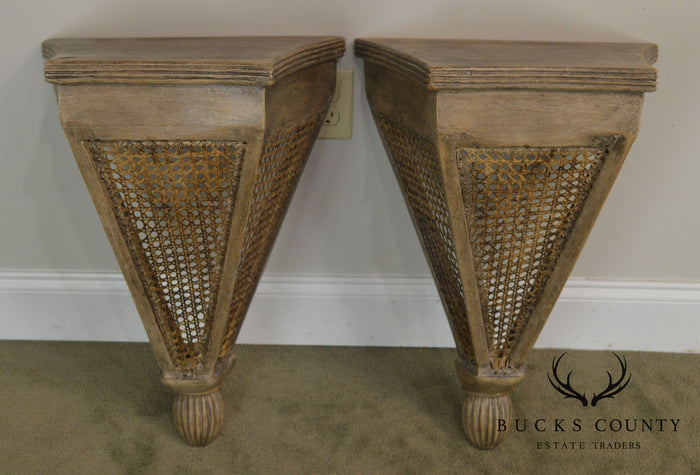 French Style Pair Painted Caned Wall Shelves