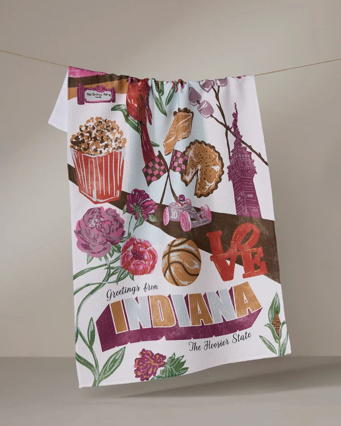 Geometry’s “Greetings From Indiana” tea towel is made from recycled materials and features colorful Indiana icons like popcorn, a race car, basketball, flowers, pie, LOVE, and “Greetings from Indiana, The Hoosier State.”.
