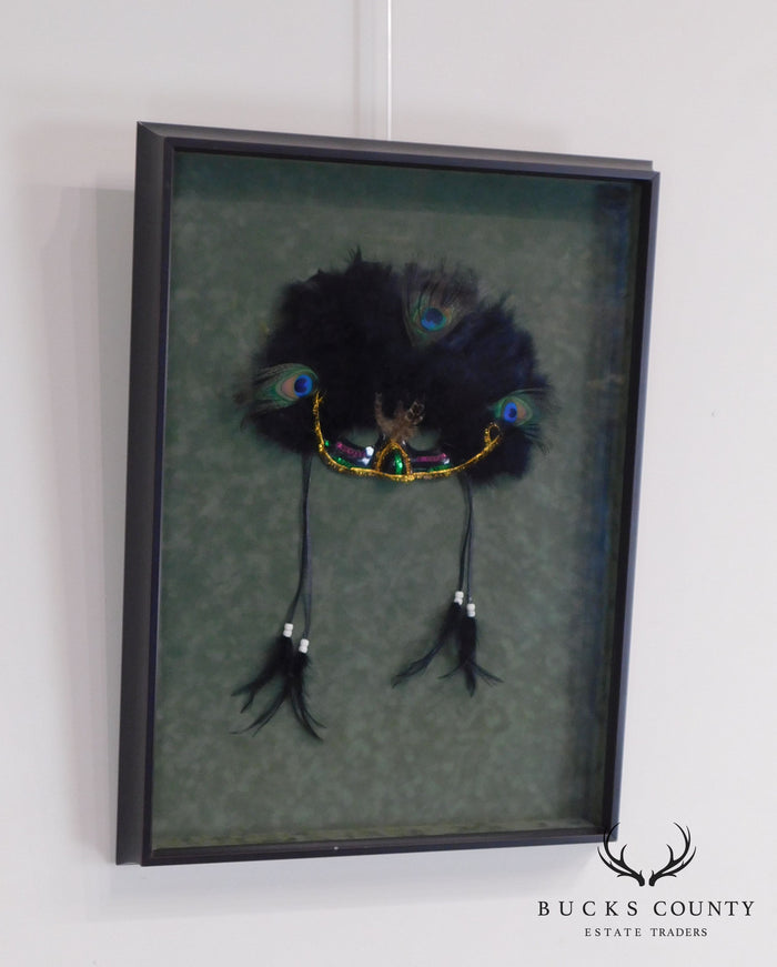 Hand Crafted Mardi Gras Mask with Peacock Feathers and Beaded Ties, Framed