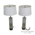 Mid Century Modern Pair of Chrome & Patterned Glass Column Lamps - 1970's