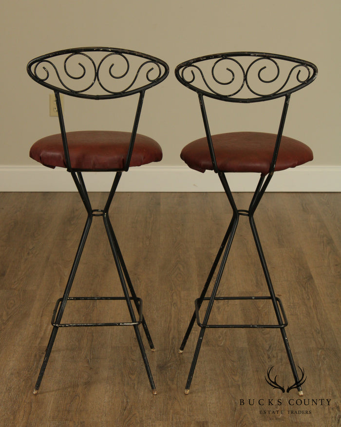 Mid Century Modern Pair Wrought Iron Barstools