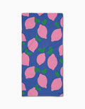 The Jennifer Bouron Pink Lemons Bar Towel features a blue background with pink lemons and green leaves, made from soft Geoweave fabric for excellent absorbency.