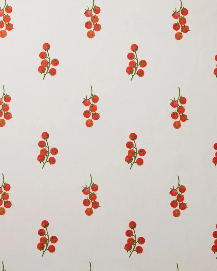 Ripe and Ready Scattered by Geometry features small red cherry tomato clusters with green stems on a white background—ideal for chic dinner napkin sets or reusable napkins.