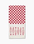 The Sardine Check by Hufton Studio is a white Geoweave bar towel with a red checkerboard on the top half and six red sardine fish lined up near the bottom.