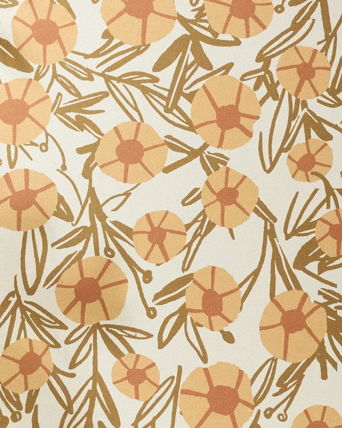 The Sunflower Fields yoga towel by Janna Sue Design features stylized orange and yellow flowers with circular centers, abstract green leaves, and a calming cream background—crafted from recycled materials.