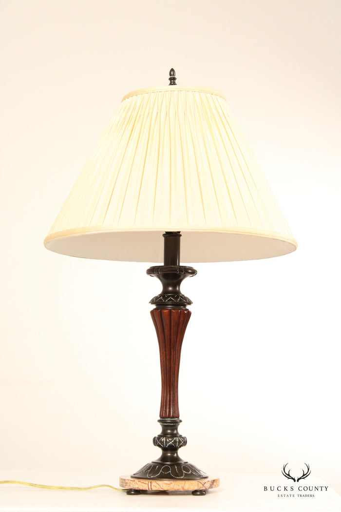 Traditional Bronze, Wood and Marble Candlestick Table Lamp