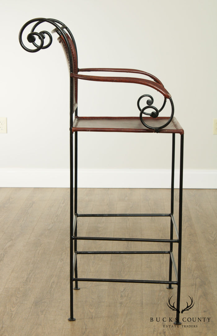 William Sheppee Scollwork Iron and Leather Barstool