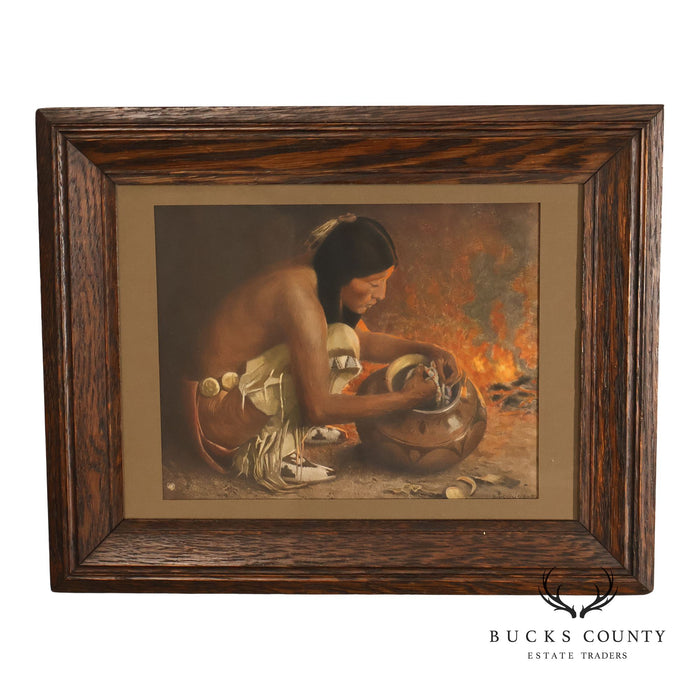Wood Framed Lithograph Artwork "Treasure Jar" by E. Irving Couse